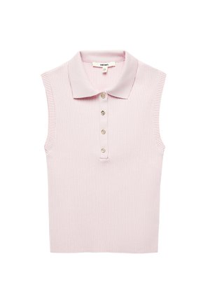 Mouwloze lichtroze rib gebreide polo met een kraag en vier knopen aan de voorkant.