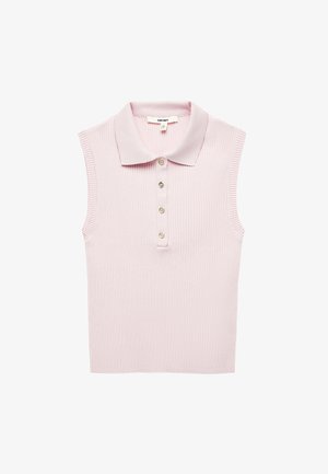 Ärmelloses, hellrosa, geripptes Strickpolo mit Kragen und vier Knöpfen auf der Vorderseite.