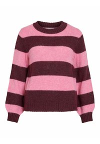 Gestreifter Strickpullover mit rundem Ausschnitt. Mit kräftigen dunkelburgunderfarbenen und sanft rosafarbenen horizontalen Streifen. Gerippte Bündchen und Saum.