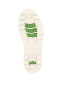 Suela de un zapato con una base de goma blanca y acentos verdes. El dibujo incluye surcos horizontales y diagonales para mayor tracción.