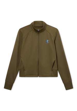 Olijfgroene jas met volle ritssluiting, opstaande kraag, geribbelde manchetten, zijzakken en een klein reflecterend Champion-logo op de linkerborst.