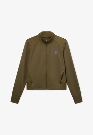 Veste zippée intégralement vert olive avec col montant, poignets côtelés, poches latérales et petit logo réfléchissant Champion sur la poitrine gauche.