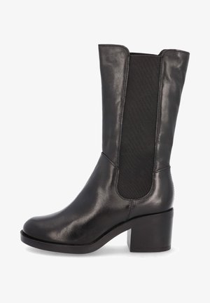 Botte en cuir noire mi-mollet avec panneau latéral élastique, bout arrondi et talon bloc épais.