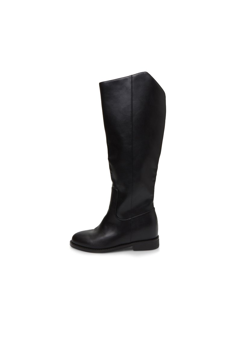 Black leather knee-high boot with a sleek design, rounded toe, and minimal stitching. Features a low stacked heel and smooth texture.