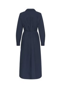Robe longue à manches longues bleu marine avec un col, dos plissé et ceinture à la taille. Tissu doux avec des détails de boutons à la manche.