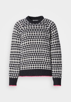 Kerek nyakú kötött pulóver, tengerészkék és krémszínű geometriai mintákkal, rózsaszín szegéllyel és bordázott mandzsettákkal. Puha tapintású.