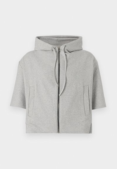 Gray hooded sweatshirt with a zip closure, short sleeves, and two side pockets, made of soft material, featuring a minimalistic design.