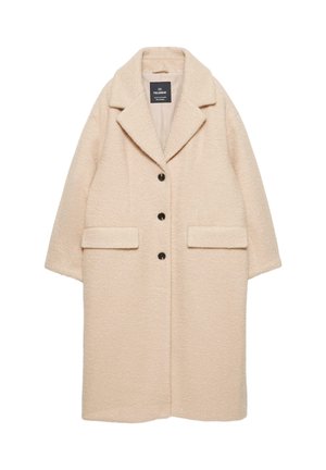 Bežový dlhý kabát z textúrovanej tkaniny, s klopovm golierom, piatimi čiernymi gombíkmi a dvoma prednými vreckami.