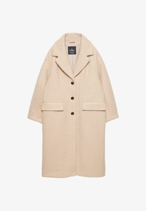 Palton lung bej, realizat dintr-un material texturat, cu guler cu decupaj, cinci nasturi negri și două buzunare frontale.