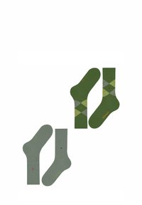 Zwei Paar grüne Socken: ein Paar einfarbig grün mit subtiler Textur und Logo, das andere Paar mit grünem Argyle-Muster und gelben sowie grauen Akzenten.