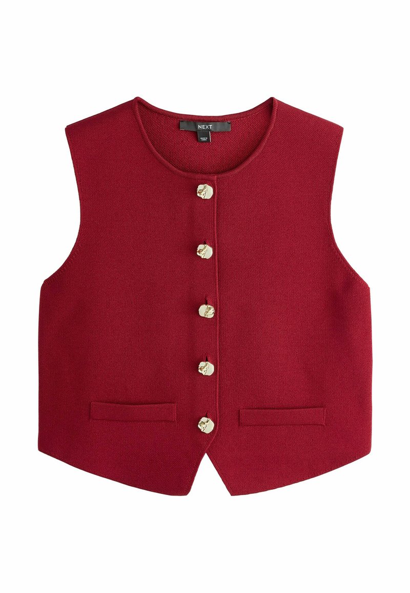 Rode gebreide vest met een ronde halslijn, voorzien van zes goudkleurige knopen en twee vo pockets. Geen mouwen, gladde textuur.