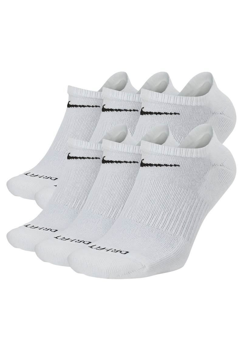Calze sportive bianche con texture rigata, dotate di logo Nike nero e testo "Dri-FIT" stampato. Sei paia inclusi nel set.