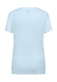 T-shirt azzurro chiaro a maniche corte con scollatura rotonda, texture liscia e orli rifiniti. Etichetta visibile al centro della schiena.