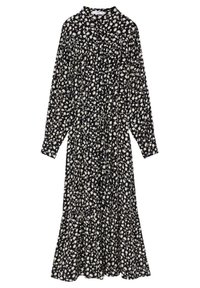 Langes schwarzes Kleid mit weißem Blumenmuster, rundem Kragen, langen Ärmeln und mehrlagigem Rüschensaum. Hergestellt aus leichtem Stoff.