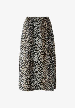 Leopardenmuster-Rock mit elastischem Bund, der eine Mischung aus Beige-, Braun- und Schwarztönen auf einem weichen, fließenden Stoff zeigt.