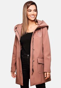Light pink, hooded jacket made of smooth fabric, featuring a zipper and snap buttons, with two front pockets and stitched details.
