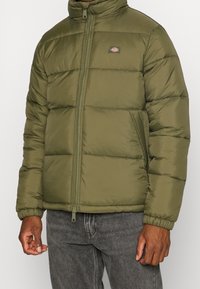 Kurtka puchowa w oliwkowo zielonym kolorze z wysokim kołnierzem, zamkiem błyskawicznym i elastycznymi mankietami. Posiada pikowane sekcje oraz małą naszywkę z logo na piersi.