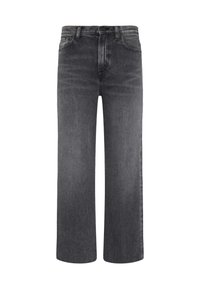 Dunkelgraue weite Jeans aus Denim, mit einem klassischen Fünf-Taschen-Design und einem Knopfverschluss an der Taille.