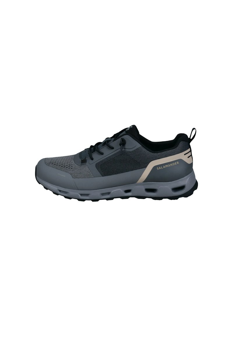 Grey and black breathable athletic sneaker with lace-up closure, thick sole, and "Salamander" branding on the heel side.