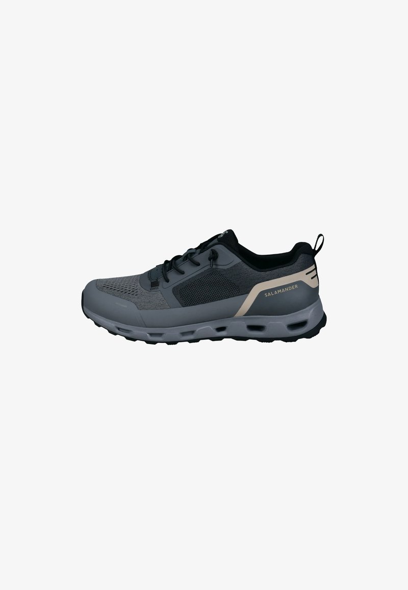 Grey and black breathable athletic sneaker with lace-up closure, thick sole, and "Salamander" branding on the heel side.