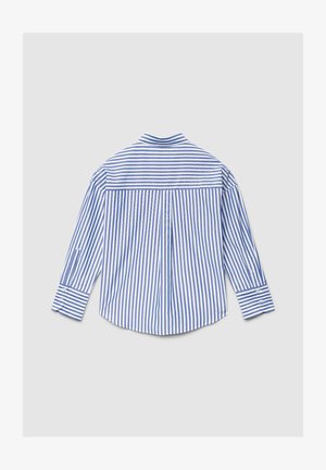 Chemise à manches longues rayée bleu et blanc, avec col classique, poignets boutonnés et pli dans le dos. Tissu léger et coupe décontractée.