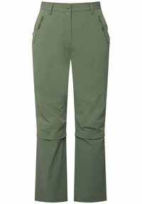 Pantaloni da esterno verdi con tasche con zip, vita piatta e design cropped. Realizzati in un materiale liscio e leggero.