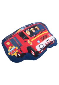 Cuscino a forma di camion dei pompieri rosso con vigili del fuoco in stile cartone, caratterizzato da una texture liscia e dettagli in blu. Colori vivaci e immagini dettagliate.
