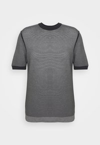 Camiseta de punto de manga corta en rayas negras y grises, con cuello redondo acanalado y puños oscuros contrastantes. Textura suave, corte relajado.