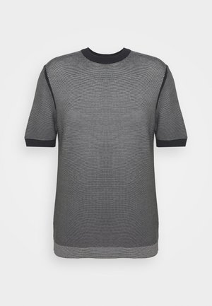 Kortärmad stickad T-shirt i svart och grå ränder, med en ribbad rund halsringning och kontrasterande mörka manschetter. Slät textur, avslappnad passform.