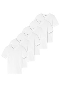 Ensemble de six t-shirts en coton blanc à col en V, à manches courtes, texture lisse, design classique, avec étiquettes visibles au col.