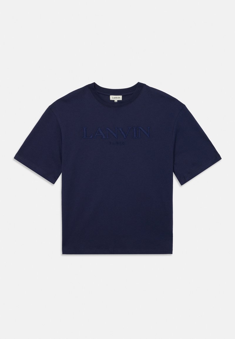 Tamsiai mėlynas trumpas rankovėmis t-shirt su apvaliu iškirpimu, kuriame įspaustas logotipas "LANVIN PARIS", esantis centre ant krūtinės.