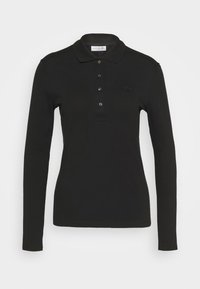 Polo shirt nero a maniche lunghe con colletto, placca con cinque bottoni e un sottile logo ricamato sul petto. Tessuto liscio.