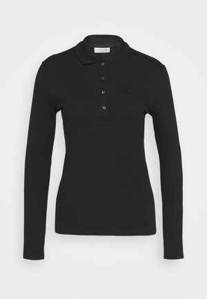 Polo shirt nero a maniche lunghe con colletto, placca con cinque bottoni e un sottile logo ricamato sul petto. Tessuto liscio.