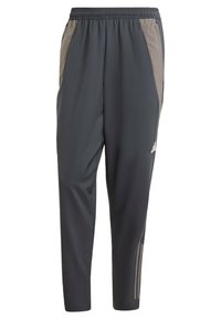 Heren sportbroek in donkergrijs met lichtgrijze zijpanelen, elastische tailleband, getailleerde pasvorm en accentdetails met drie strepen.