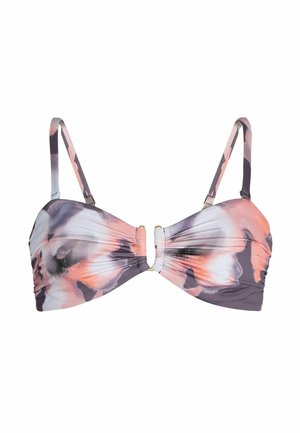 Bikini-Oberteil mit floralem Muster in Pink, Grau und Weiß. Es hat dünne verstellbare Träger und ein gerafftes Vorderdesign mit einem goldenen Akzent.