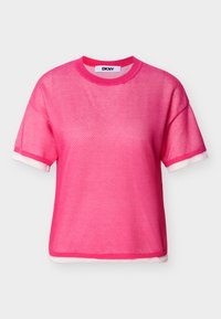 Φωτεινό ροζ κοντομάνικο τοπ από δίχτυ με λευκό τελείωμα στις άκρες των μανικιών και στο τελείωμα, λαιμόκοψη στρογγυλή και ετικέτα DKNY στο εσωτερικό του γιακά.