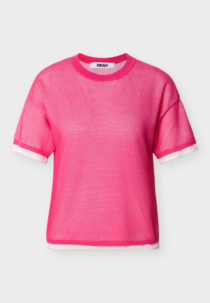 Bright pink short-sleeve mesh top with white trim on sleeve cuffs and hem, crew neck, and DKNY label inside collar.