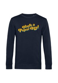 Felpa a manica lunga blu marina con un design di testo in stile retro giallo e arancione che recita "Buona giornata con Pepsi!" sul davanti.