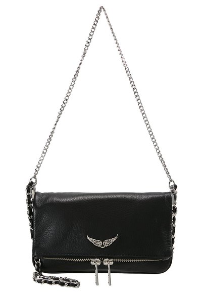 Black leather crossbody bag with silver chain strap, featuring a zip closure and decorative wing detail on the front.