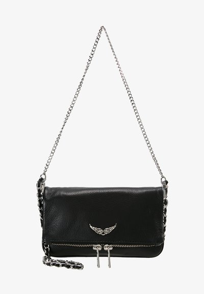 Black leather crossbody bag with silver chain strap, featuring a zip closure and decorative wing detail on the front.