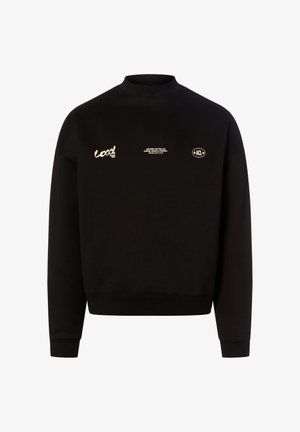 Schwarzer Crewneck-Pullover mit langen Ärmeln und kleinen beigen Textlogos mit den Aufschriften „Local“, „Another Cotton Lab“ und „ACL“ auf der Brust.
