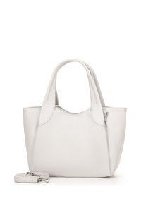 Borsa a tracolla bianca in pelle con forma strutturata, doppi manici corti e una tracolla rimovibile. Texture liscia senza motivi visibili.