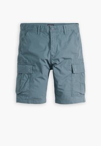 Pánské modré cargo šortky s předním knoflíkem, poutek na opasek, bočními kapsami a kapsami na nohavicích, položeny na bílém pozadí.