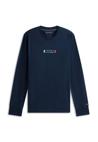 Maglietta a maniche lunghe color navy realizzata in cotone con scollo tondo. Presenta un logo centrale con strisce orizzontali bianche, rosse e blu.