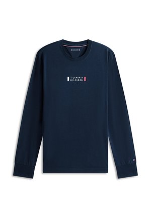 Marineblaues Langarm-T-Shirt aus Baumwolle mit Rundhalsausschnitt. Mit einem zentralen Logo in Weiß, Rot und blauen horizontalen Streifen.