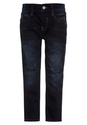 Ciemne dżinsy o wąskim kroju, posiadające pięć kieszeni, kontrastowe przeszycia oraz klasyczne zapięcie na guzik. Gładka faktura z delikatnym blaknięciem.