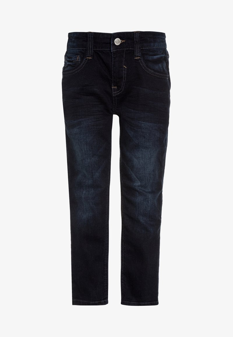 Jean en denim foncé à coupe ajustée, doté de cinq poches, de surpiqûres contrastantes et d'une fermeture classique à boutons. Texture lisse avec un léger délavage.