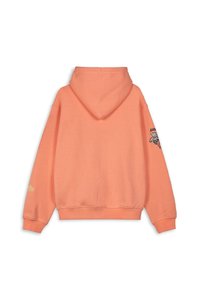 Sudadera de suave tela color coral, con capucha, puños y dobladillo de canalé. La manga izquierda presenta un diseño gráfico y el logo de la marca en colores contrastantes.