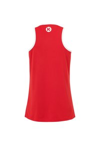 Rotes ärmelloses Sporttanktop mit weißen Akzenten, ausgestattet mit einem runden Ausschnitt und einem aufgedruckten Logo auf der Rückseite. Hergestellt aus leichtem Stoff.