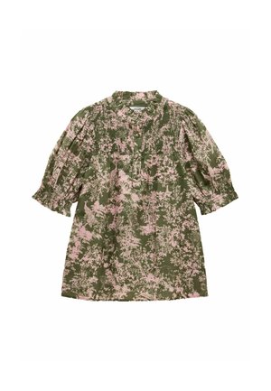 Vestito verde a maniche corte per bambine con stampa fauna selvatica rosa, busto arricciato, chiusura frontale con bottoni e colletto e polsini volant.